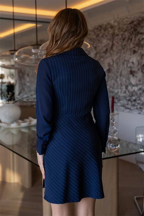 Çizgili Bağlamalı Elbise - LACİVERT