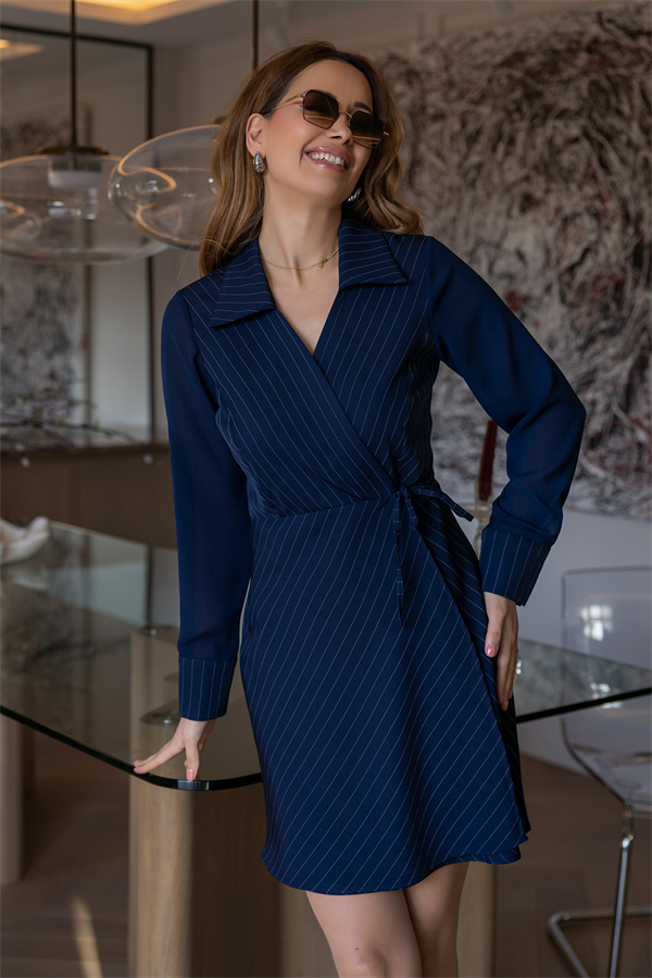 Çizgili Bağlamalı Elbise - LACİVERT
