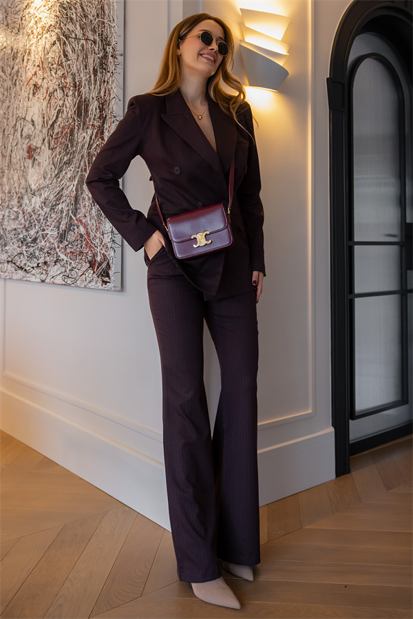 Çizgili Ceketli Takım - KAHVERENGİ