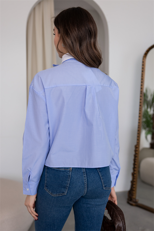 Çizgili Cepli Crop Gömlek - MAVİ