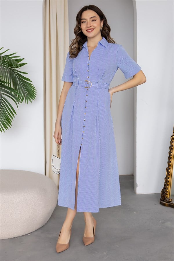 Çizgili Gömlek Elbise - MAVİ