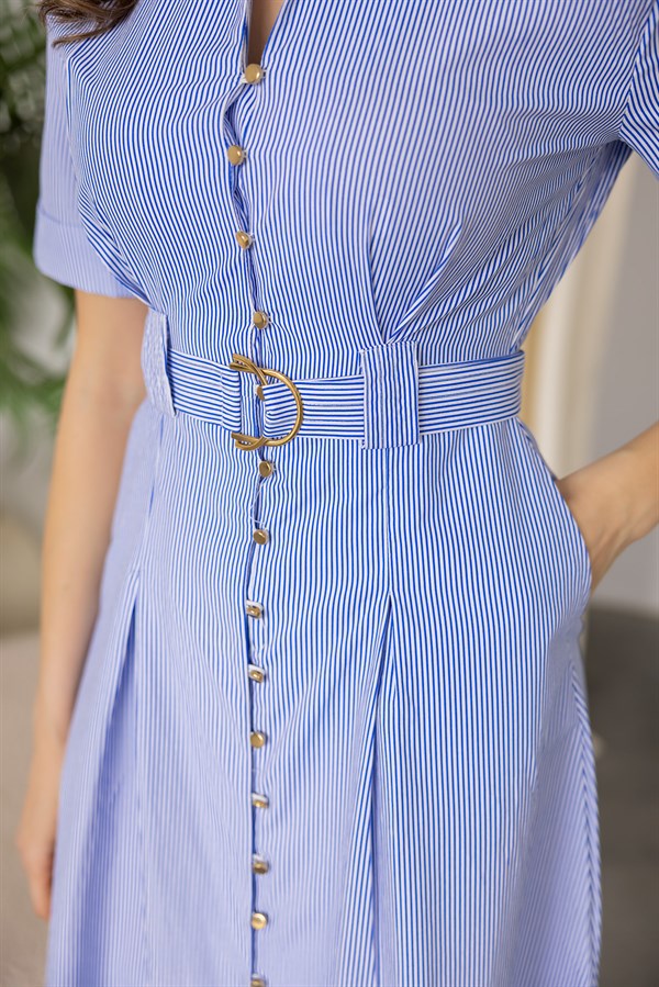 Çizgili Gömlek Elbise - MAVİ