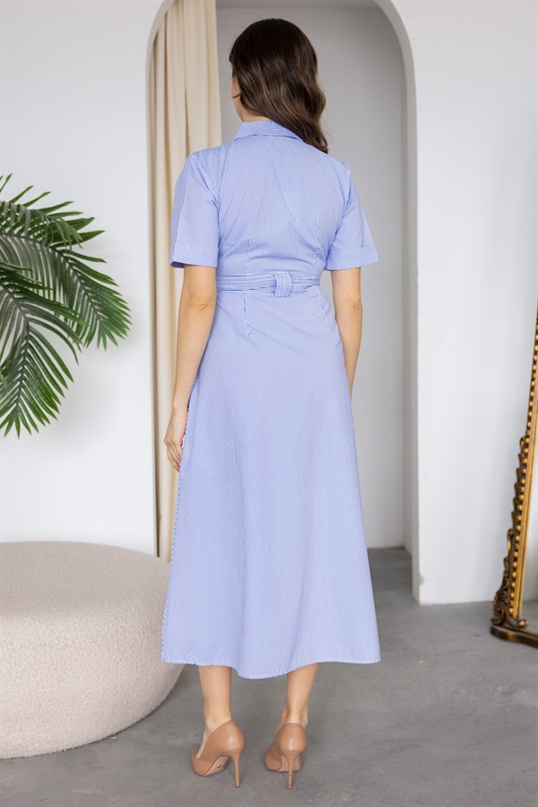 Çizgili Gömlek Elbise - MAVİ