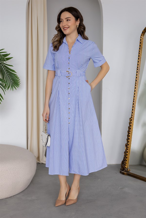 Çizgili Gömlek Elbise - MAVİ