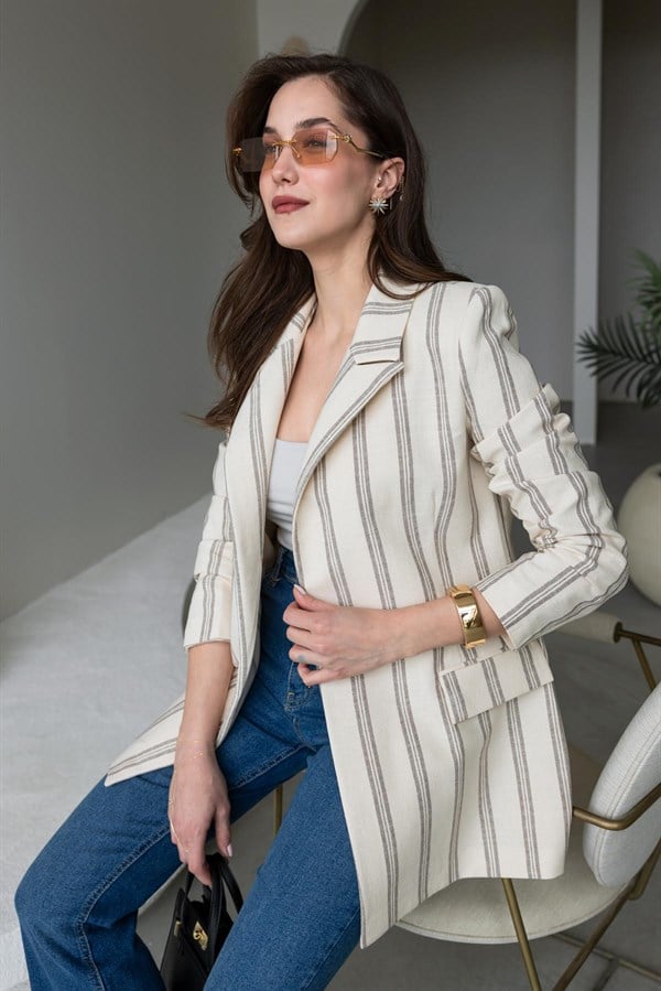 Çizgili Keten Ceket - EKRU