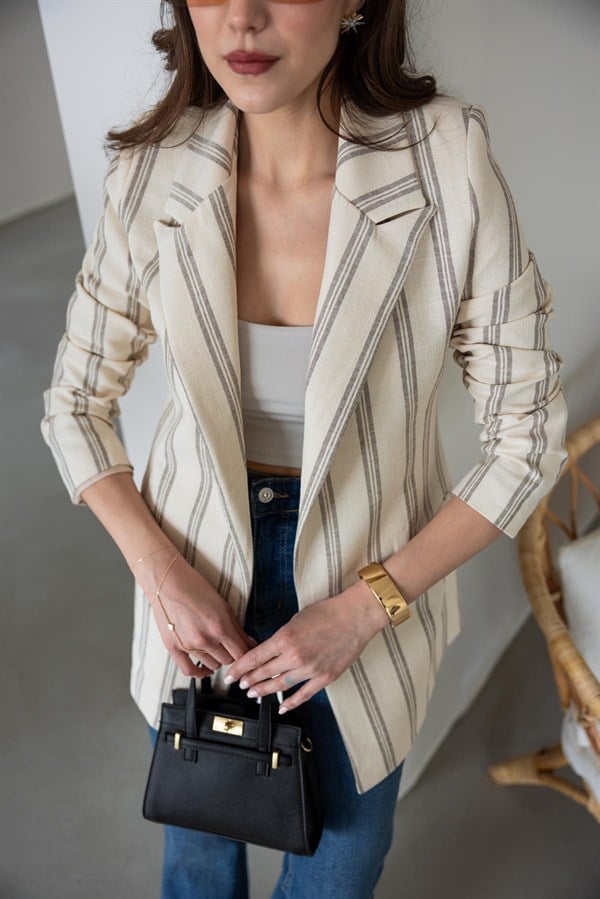 Çizgili Keten Ceket - EKRU