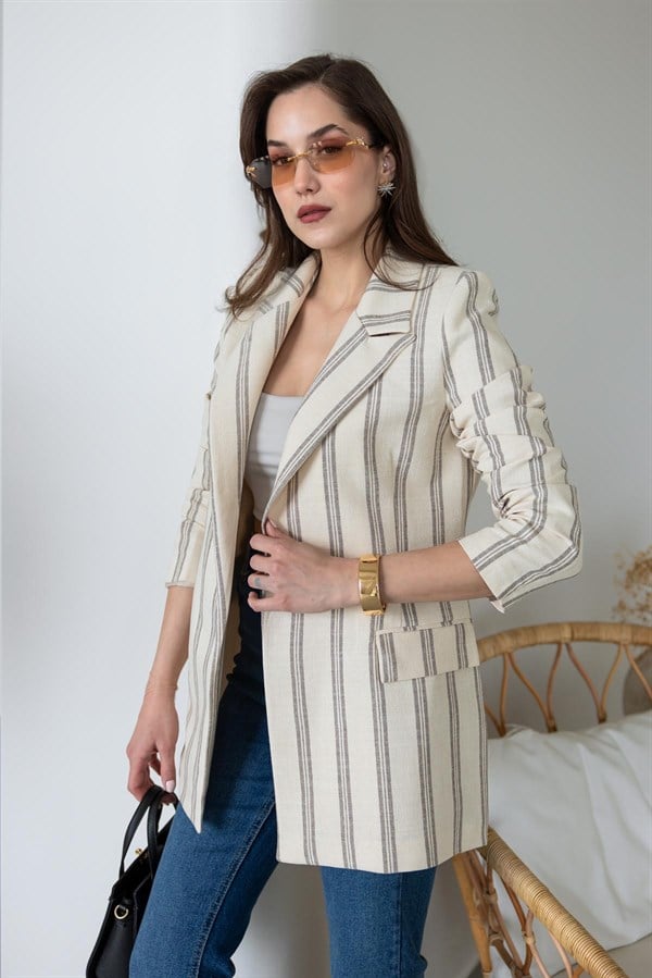 Çizgili Keten Ceket - EKRU