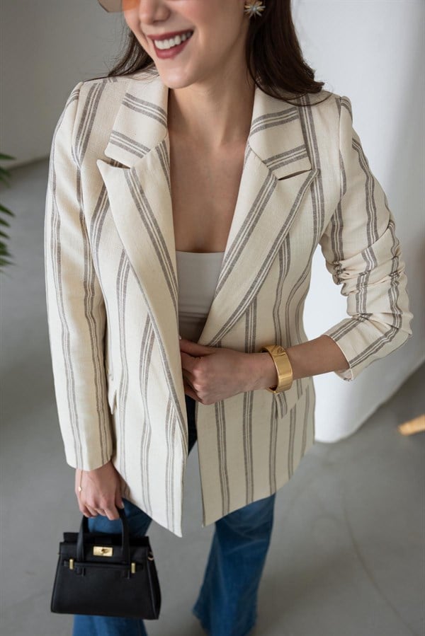 Çizgili Keten Ceket - EKRU