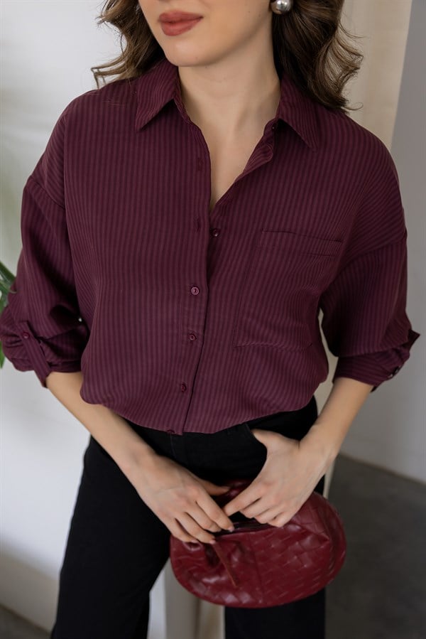 Çizgili Oversize Gömlek - BORDO