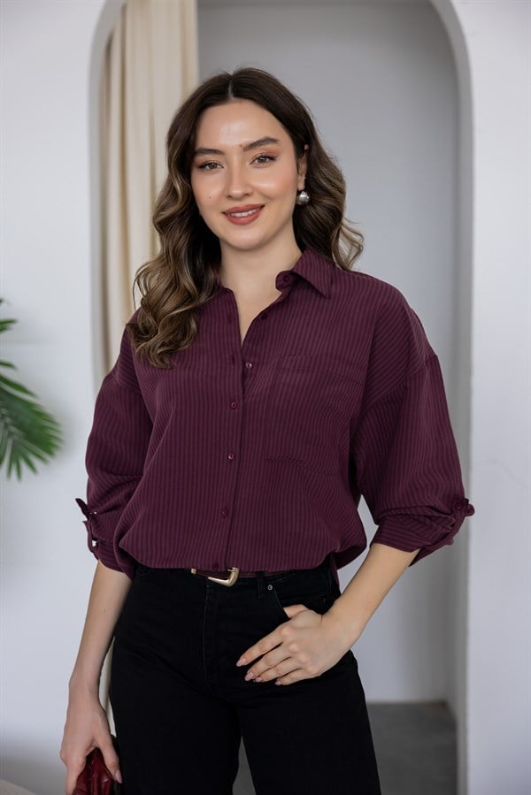 Çizgili Oversize Gömlek - BORDO