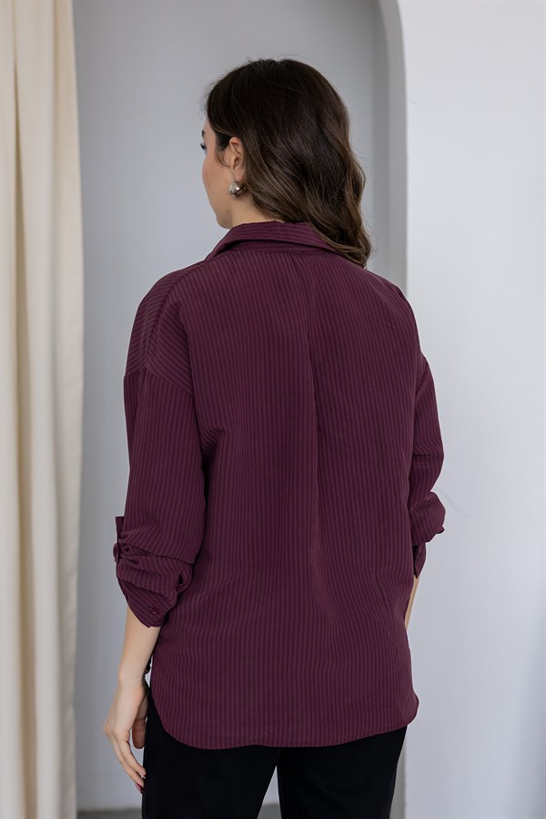Çizgili Oversize Gömlek - BORDO