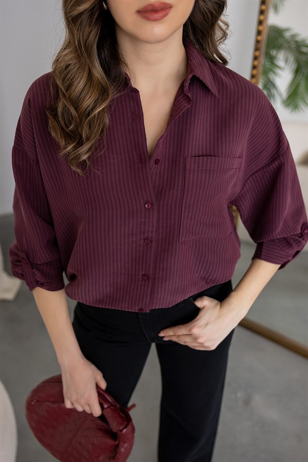 Çizgili Oversize Gömlek - BORDO