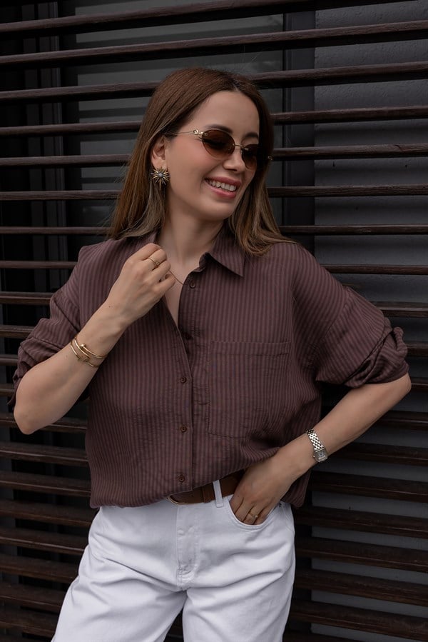 Çizgili Oversize Gömlek - KAHVERENGİ