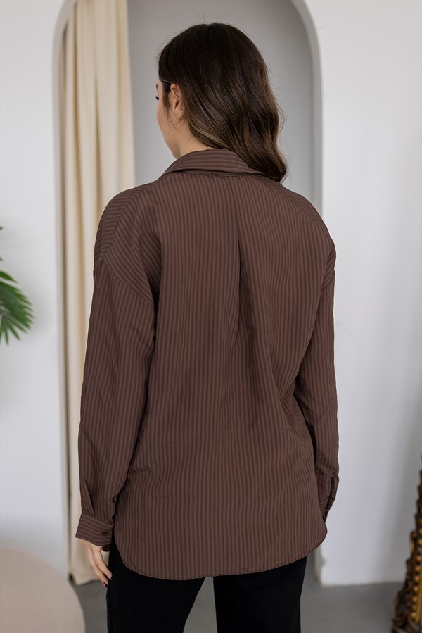 Çizgili Oversize Gömlek - KAHVERENGİ