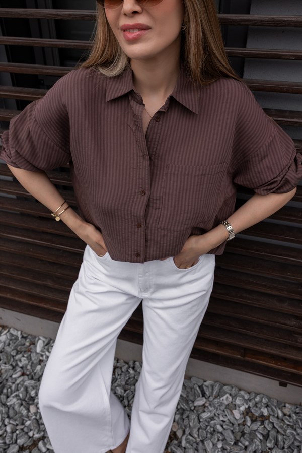 Çizgili Oversize Gömlek - KAHVERENGİ