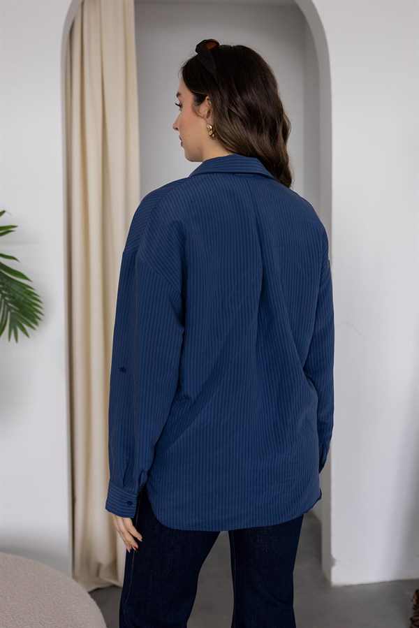 Çizgili Oversize Gömlek - LACİVERT