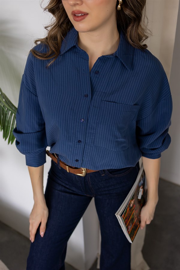 Çizgili Oversize Gömlek - LACİVERT