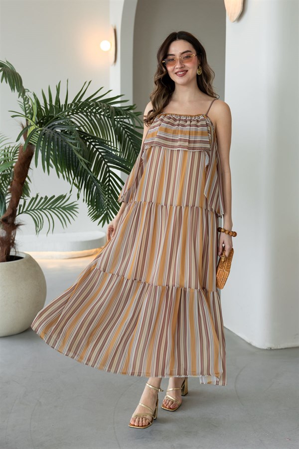 Çizgili Şifon Elbise - HARDAL