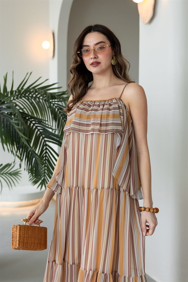 Çizgili Şifon Elbise - HARDAL