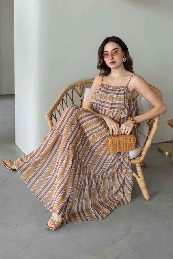 Çizgili Şifon Elbise - HARDAL
