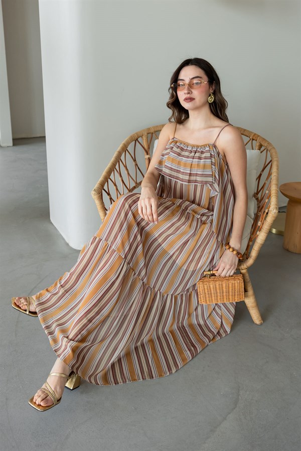 Çizgili Şifon Elbise - HARDAL