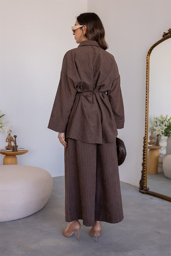 Çizgili Tensel Takım - KAHVERENGİ