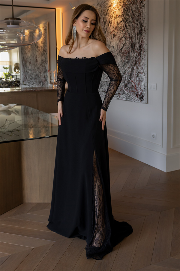 Dantel Detay Balenli Abiye - SİYAH