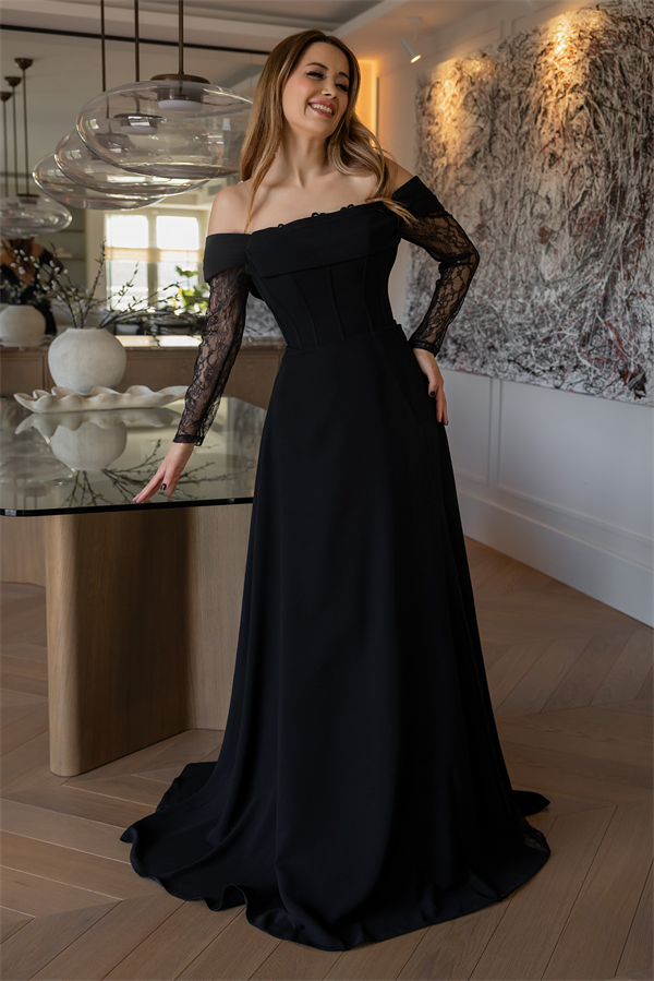 Dantel Detay Balenli Abiye - SİYAH