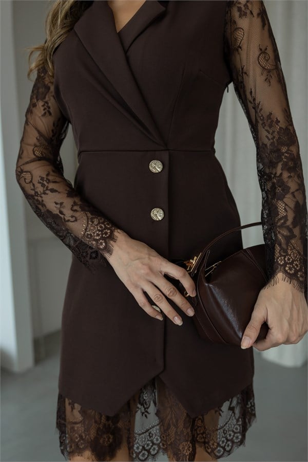 Dantel Detaylı Blazer Form Elbise - KAHVERENGİ