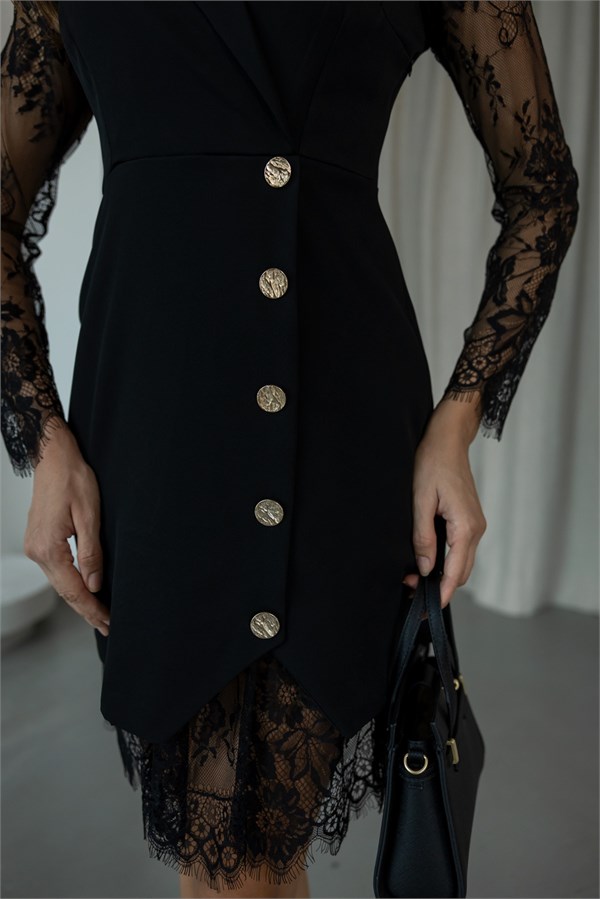 Dantel Detaylı Blazer Form Elbise - SİYAH