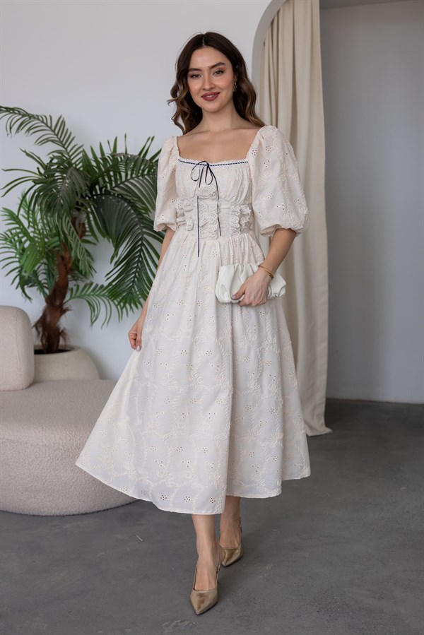 Dantel Detaylı Brode Elbise - BEJ