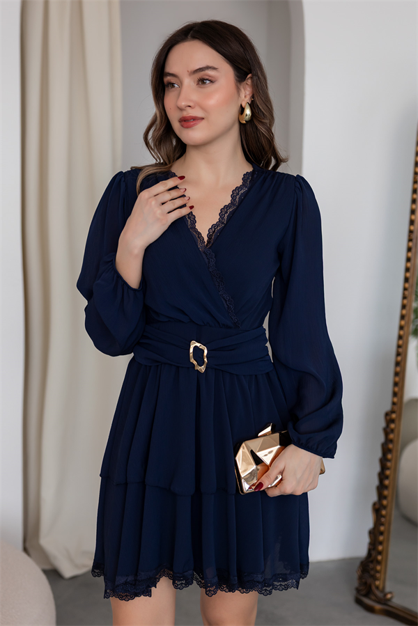 Dantel Detaylı Şifon Elbise - LACİVERT
