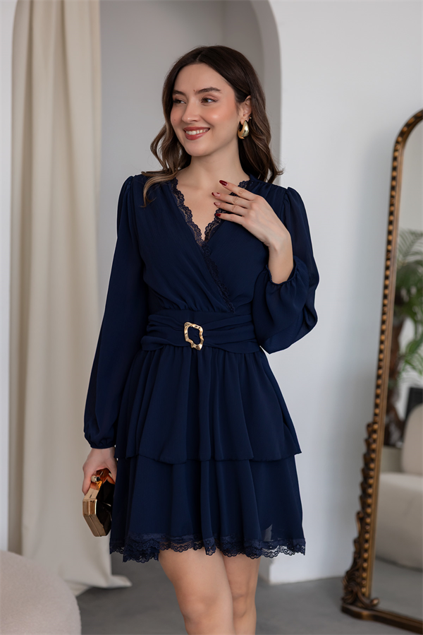 Dantel Detaylı Şifon Elbise - LACİVERT