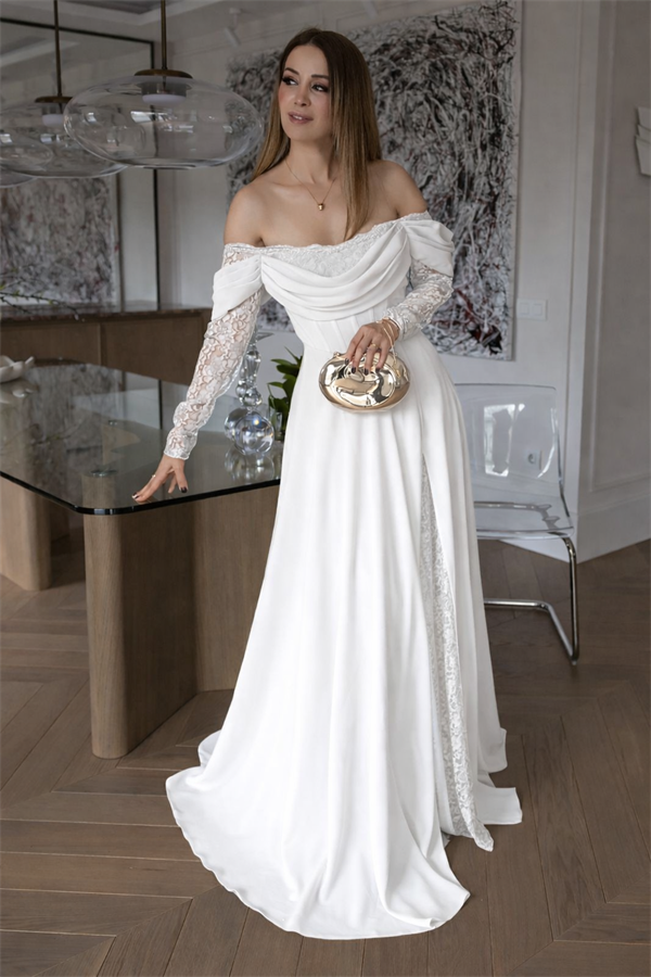 Dantel Kollu Tasarım Abiye - BEYAZ