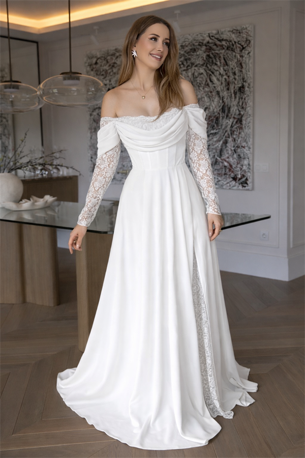 Dantel Kollu Tasarım Abiye - BEYAZ