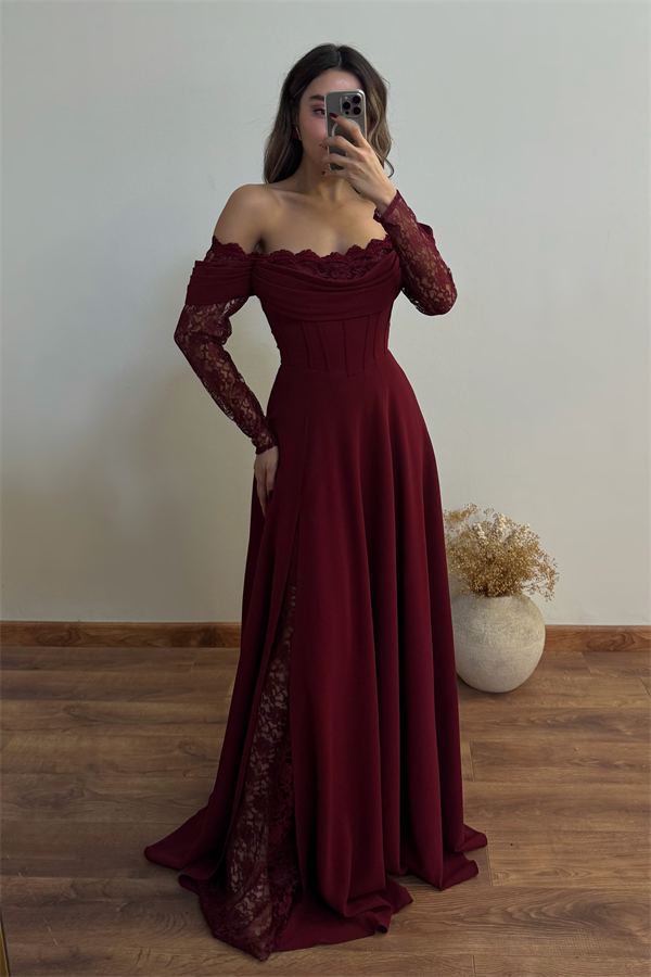 Dantel Kollu Tasarım Abiye - BORDO