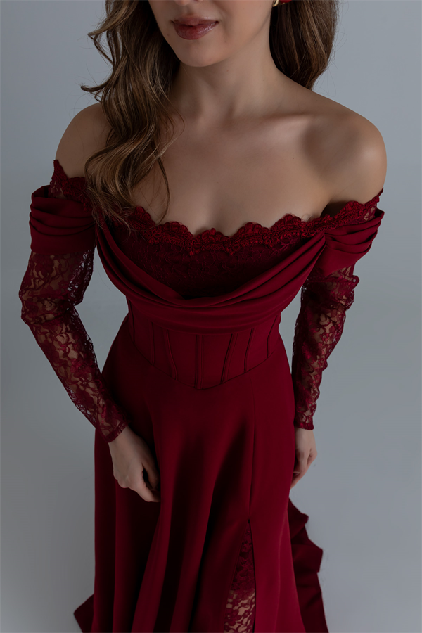 Dantel Kollu Tasarım Abiye - BORDO