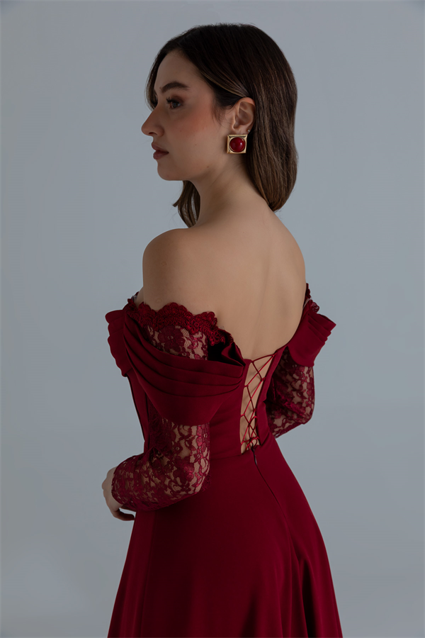 Dantel Kollu Tasarım Abiye - BORDO