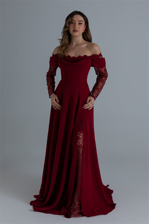 Dantel Kollu Tasarım Abiye - BORDO