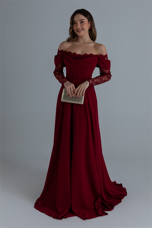 Dantel Kollu Tasarım Abiye - BORDO