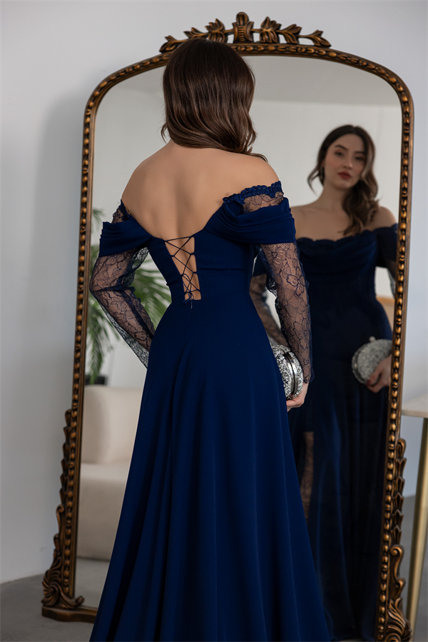 Dantel Kollu Tasarım Abiye - LACİVERT