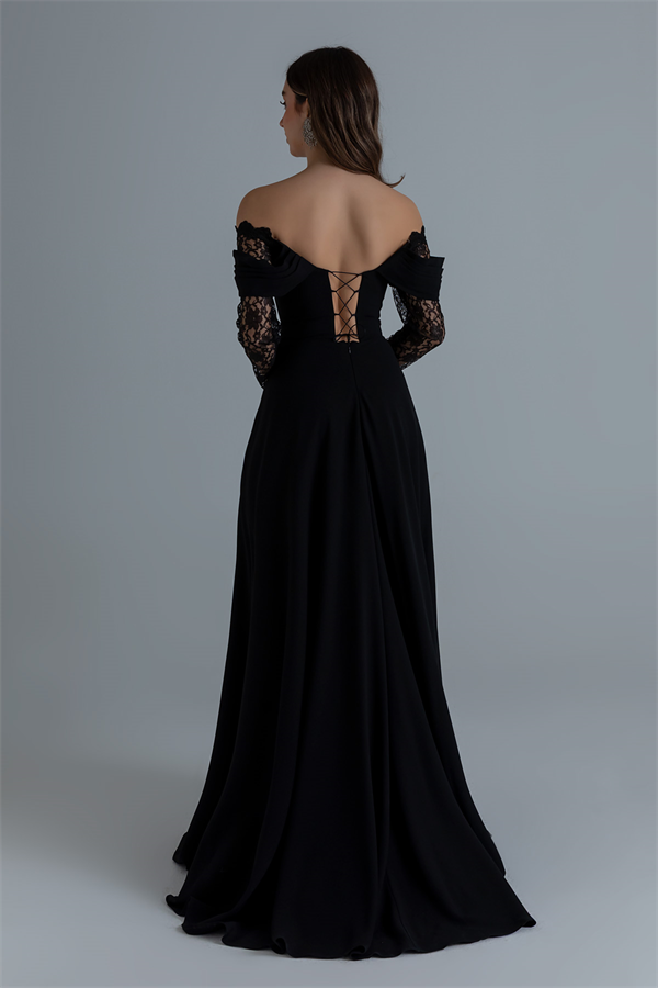 Dantel Kollu Tasarım Abiye - SİYAH