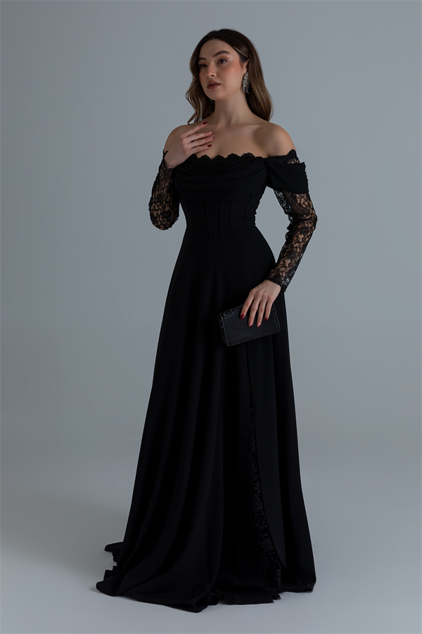 Dantel Kollu Tasarım Abiye - SİYAH