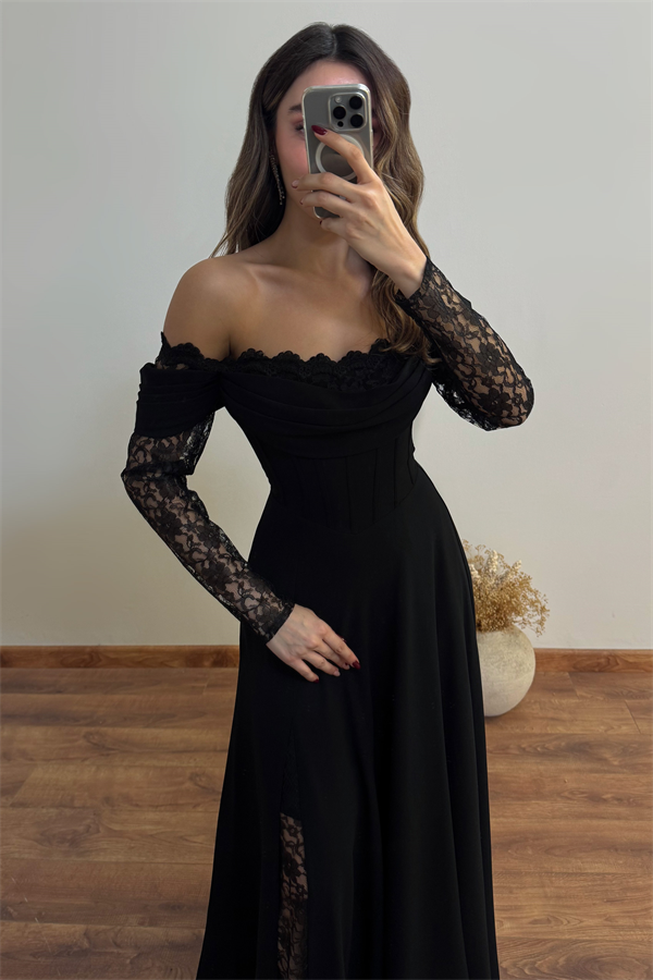 Dantel Kollu Tasarım Abiye - SİYAH