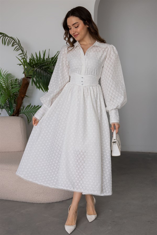 Dantel Motifli Brode Elbise - BEYAZ