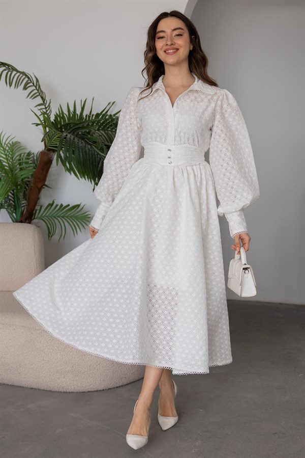 Dantel Motifli Brode Elbise - BEYAZ
