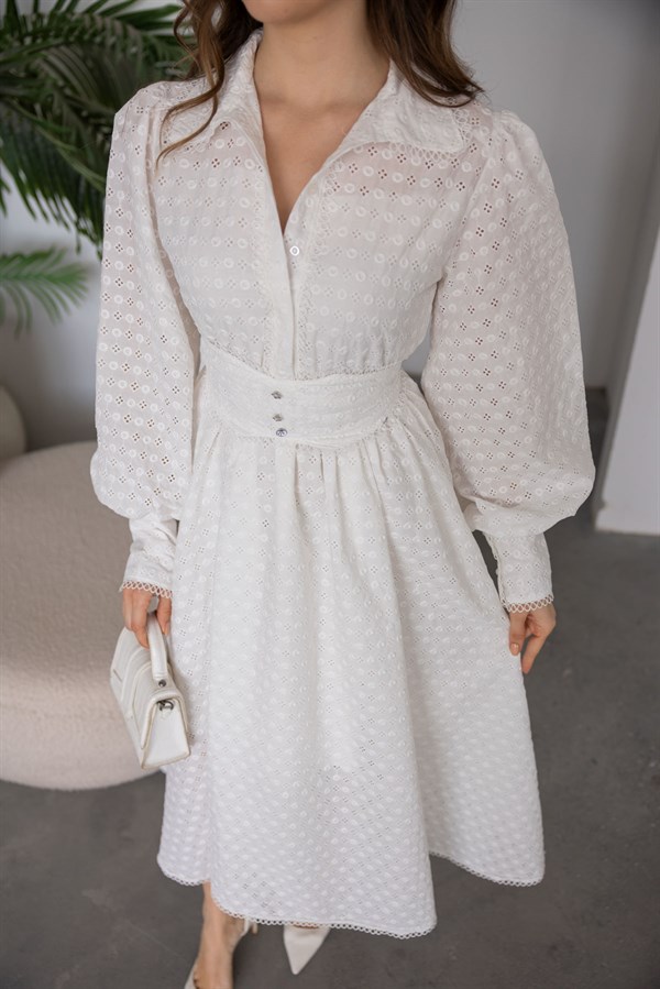 Dantel Motifli Brode Elbise - BEYAZ