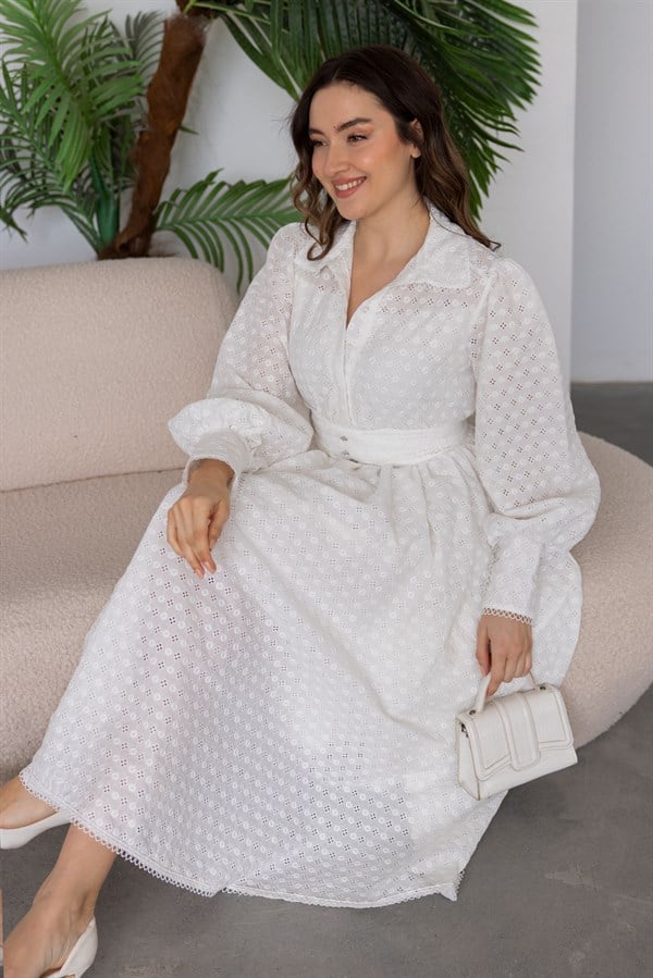 Dantel Motifli Brode Elbise - BEYAZ