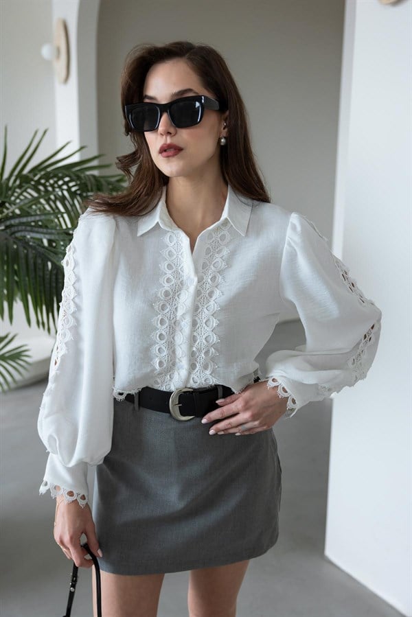 Dantelli Crop Gömlek - BEYAZ