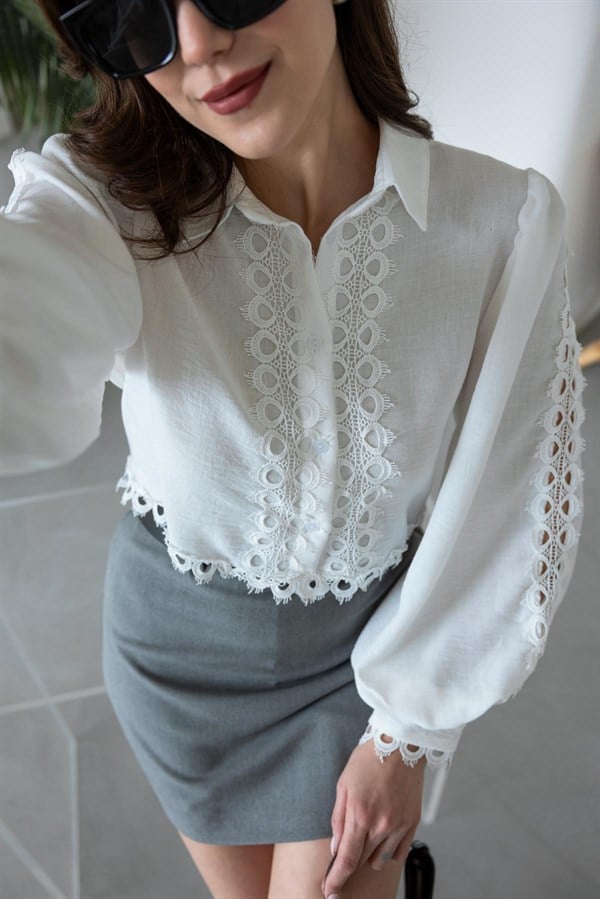Dantelli Crop Gömlek - BEYAZ